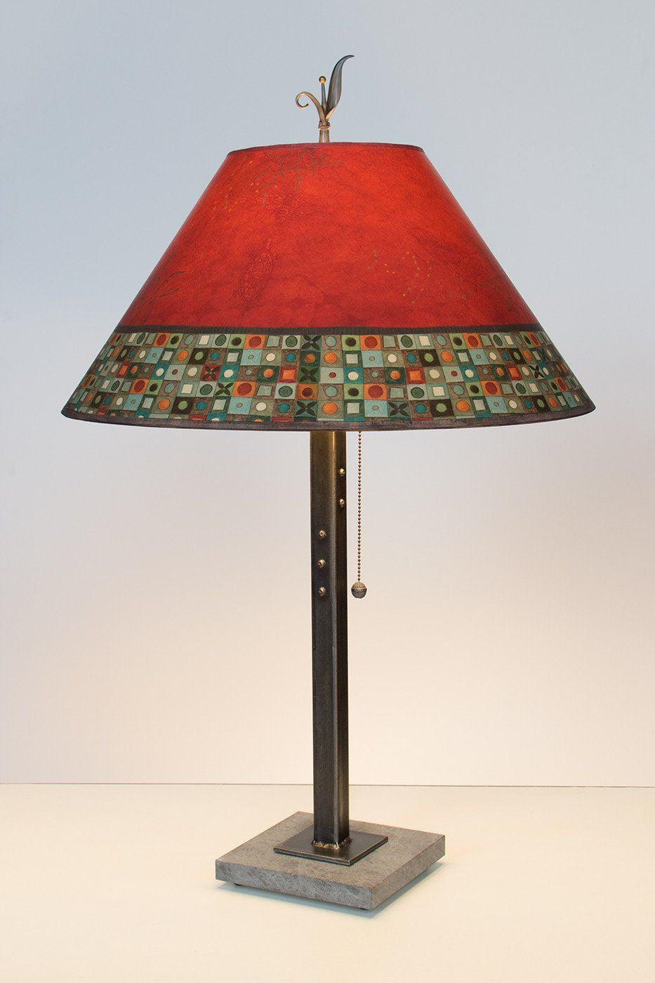 Steel Table Lamp with Large Conical Shade in Red Mosaic