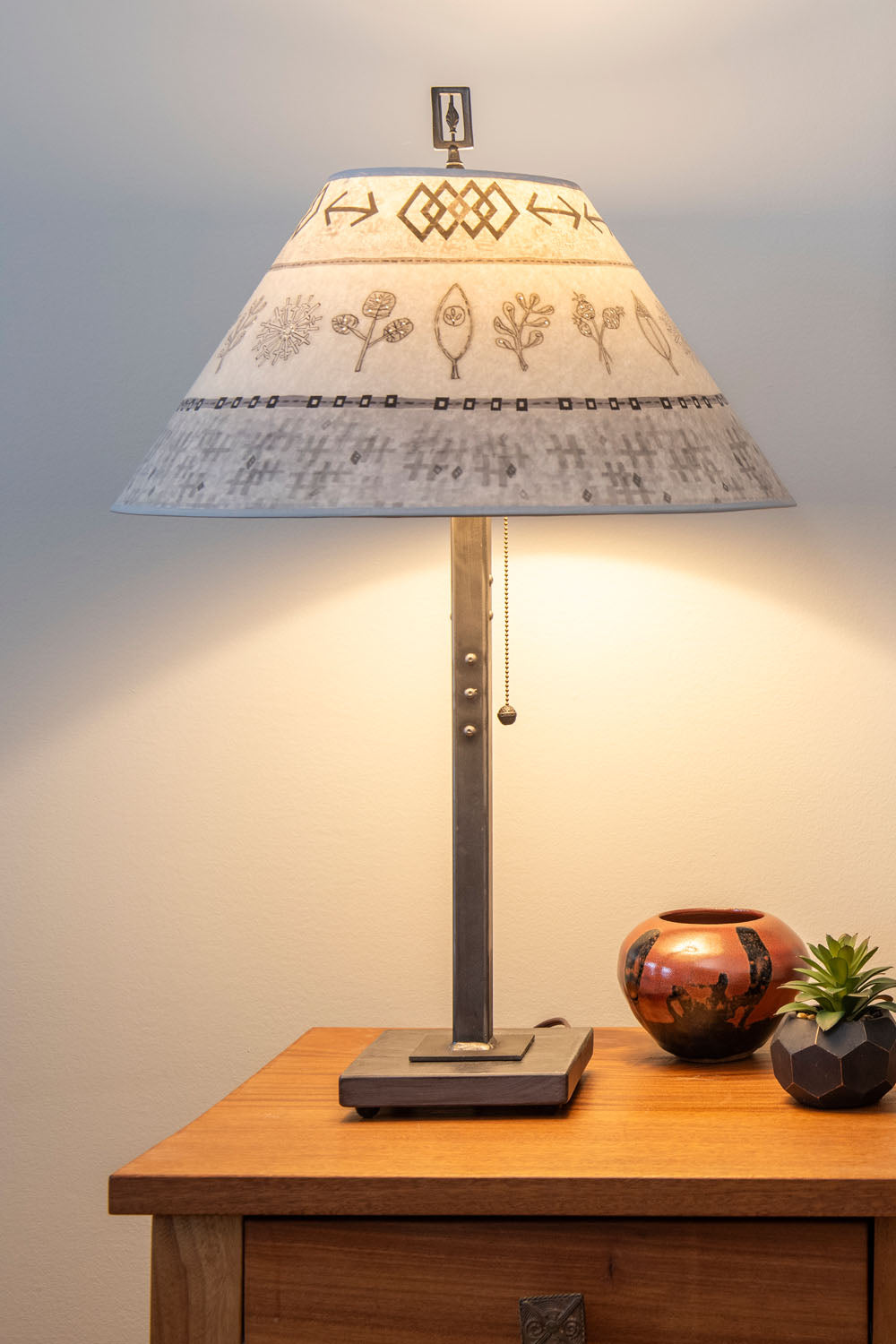 Steel Table Lamp with Large Conical Shade in Woven & Sprig in Mist