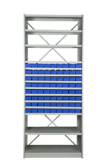 Front View of VISIPLAS BS219 Steel Shelving Kit with 14 Shelves and 72 x AT40 Parts Trays