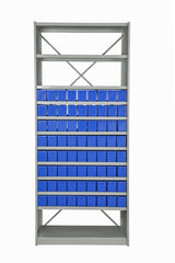 Front View of VISIPLAS BS227 Steel Shelving Kit with 12 Shelves and 72 x AT41 Parts Trays