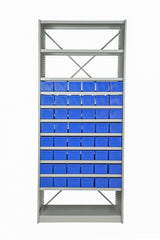 Front View of VISIPLAS BS237 Steel Shelving Kit with 12 Shelves and 48 x AT42 Parts Trays