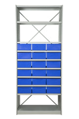 Front View of VISIPLAS BS255 Steel Shelving Kit with 10 Shelves and 18 x AT44 Parts Trays