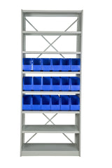 Front View of VISIPLAS BS263 Steel Shelving Kit with 8 Shelves and 18 x AP42 Picking Bins