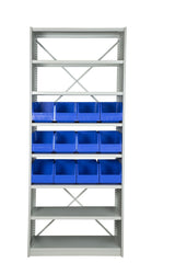 Front View of VISIPLAS BS273 Steel Shelving Kit with 8 Shelves and 12 x AP43 Picking Bins