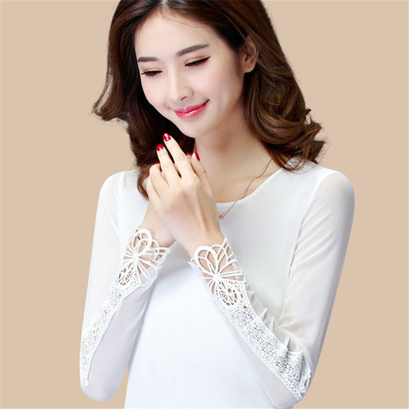 New Fashion Autumn Hot  Shirt Women Blouse O-neck Full Tee Shirt Chiffon Lace Casual Blouses Plus Si