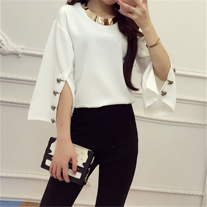 Female Fashion Button Chiffon Blouses Peter Pan Collar With necklace Casual Shirt Elegant Ladies Top