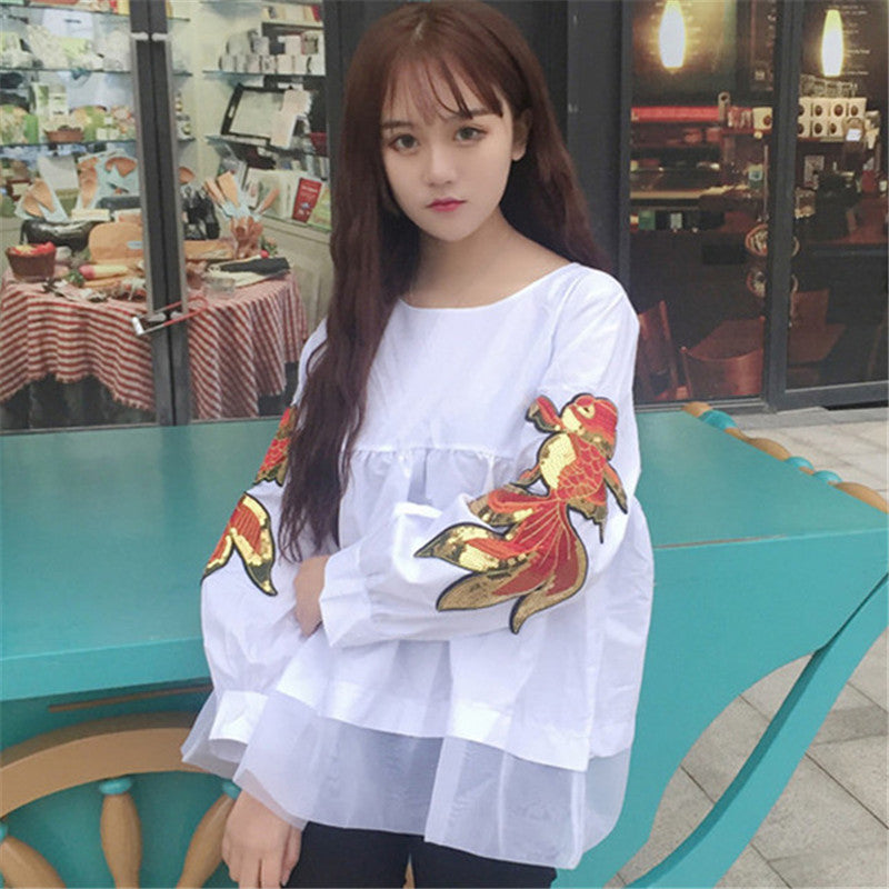 Summer New Fashion Women Summer Cute Fish Appliques T Shirt Casual Woman Full Sleeve Tops O-neck Plu