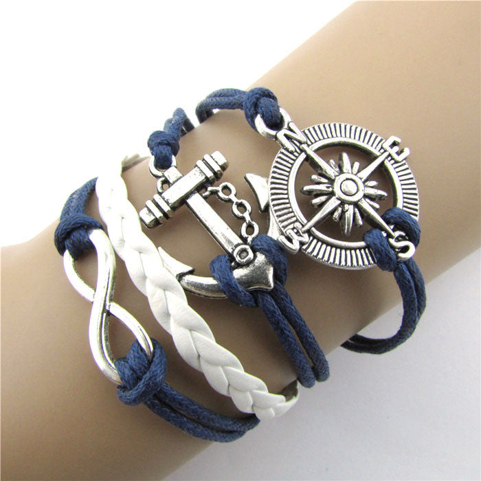 Newest women girl Infinity Love Dragonfly Owl Anchor Compass Leather Charm Bracelet Plated bangles T