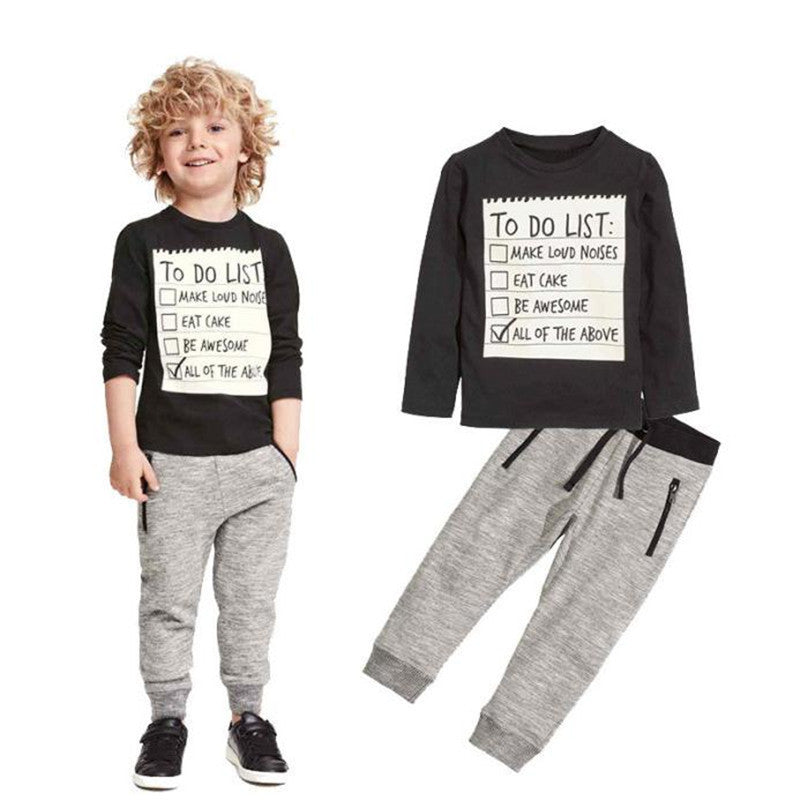 Kids Toddler Boys Handsome Letter Print Black Tops Tee Shirts+Gray Casual Pants Set children clothin