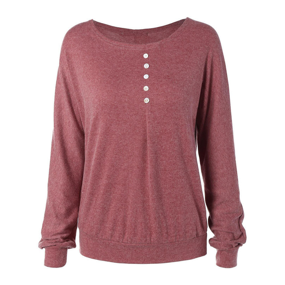 Women Casual T-Shirts Buttons Long Sleeve Round Neck Pullover To