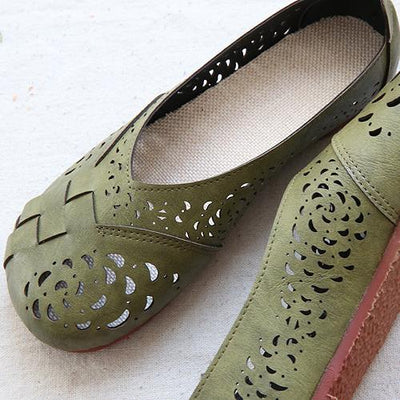 Hollow Out Plait Linen Insole Leather Flats Casual Shoes | Babakud