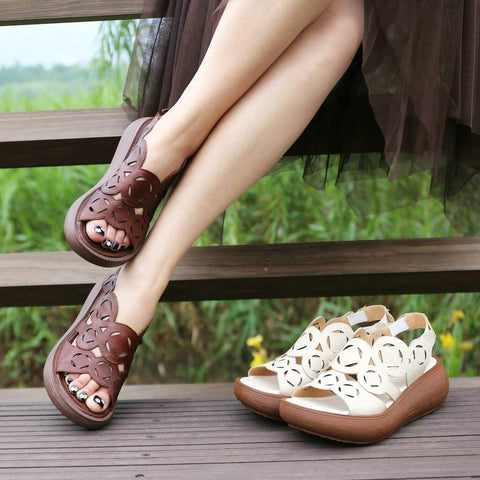 Babakud Hollow Out Leather Retro Platform Women's Sandals