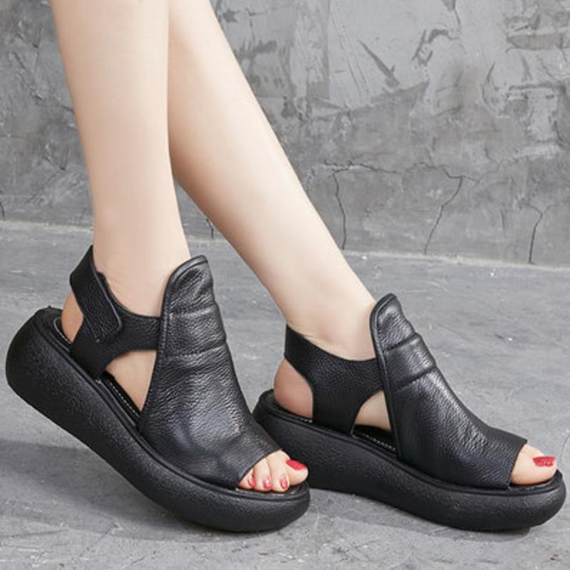 Solid Leather Platform Velcro Sandals | Babakud