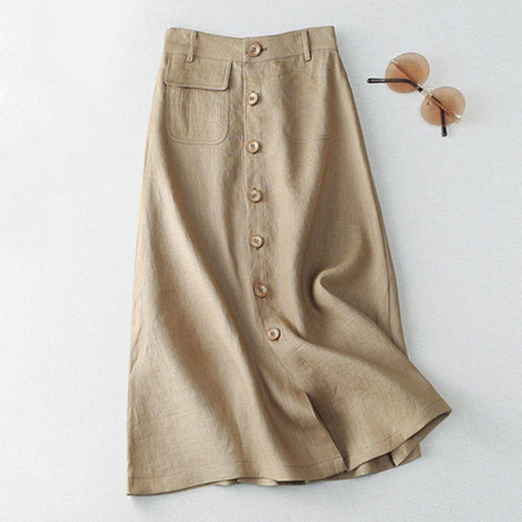 Khaki Linen A-line Midi Skirts For Women – Babakud