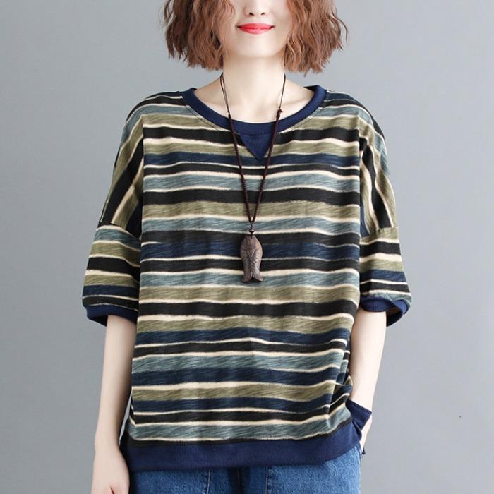 Plus Size Loose Thin Stripe Casual Cotton T-Shirt – Babakud