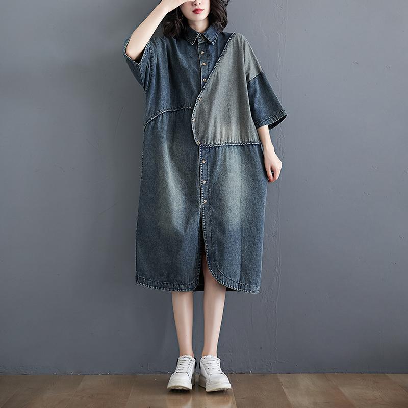 Plus Size Retro Short-sleeve Loose Denim Shirt Dress – Babakud