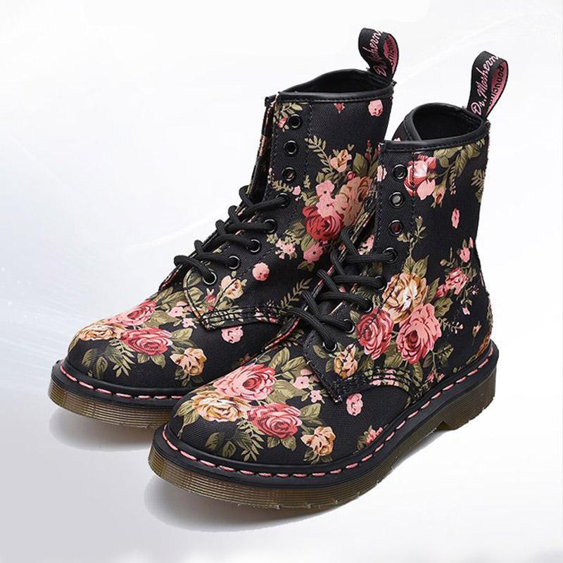 Plus Size Spring Autumn Floral Round Head Canvas Boots – Babakud