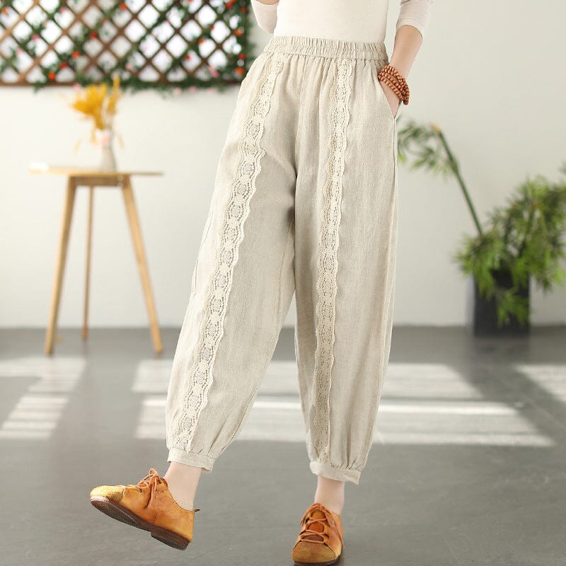 Spring Linen Lace Trim Patchwork Solid Pants – Babakud
