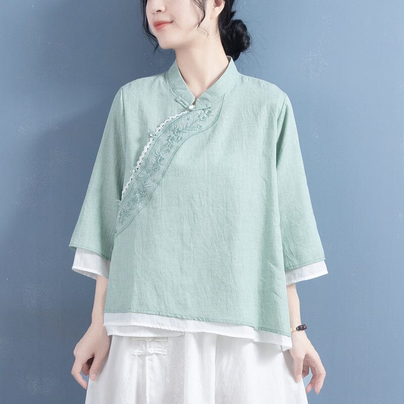 Spring Retro Embroidery Loose Cotton Linen Blouse Feb 2023 New Arrival One Size Green 