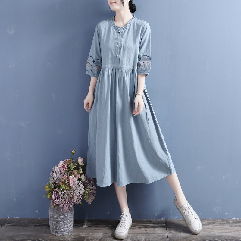 Summer Retro Embroidery Cotton Linen Midi Dress – Babakud