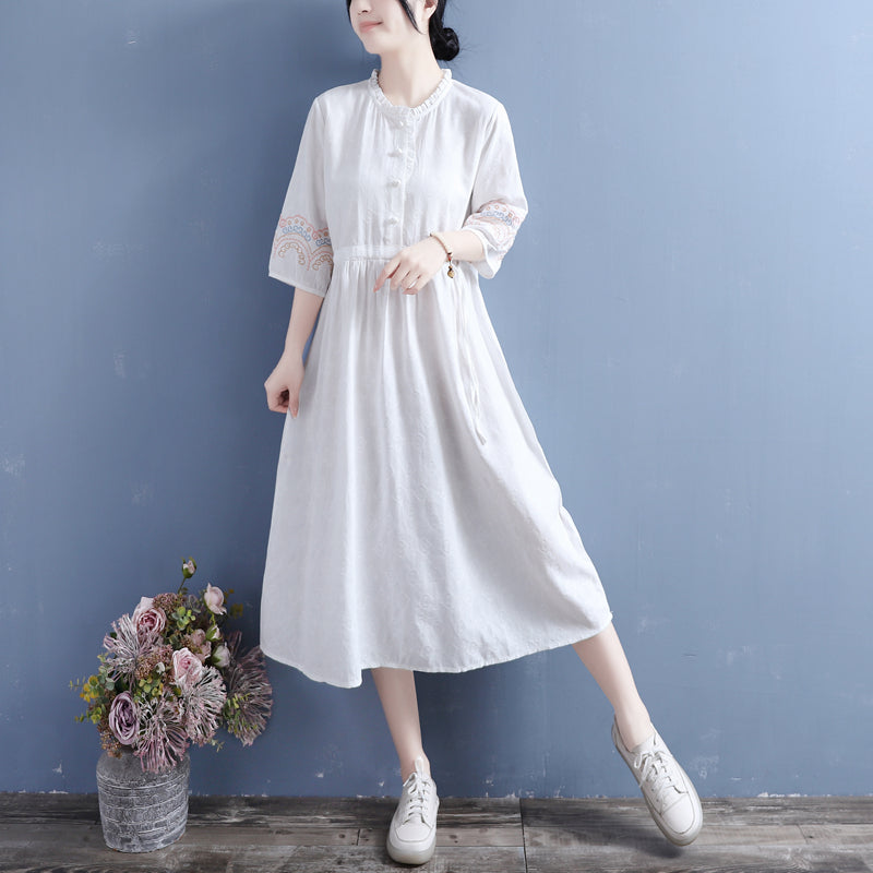 Summer Retro Embroidery Cotton Linen Midi Dress – Babakud
