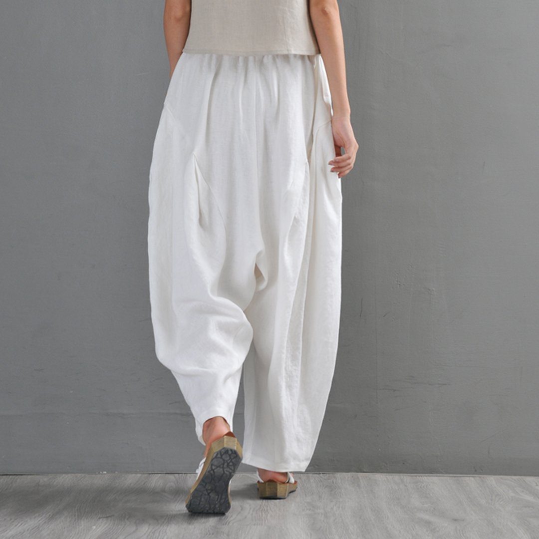 White Ruched Casual Linen Lartern Pants For Women – Babakud