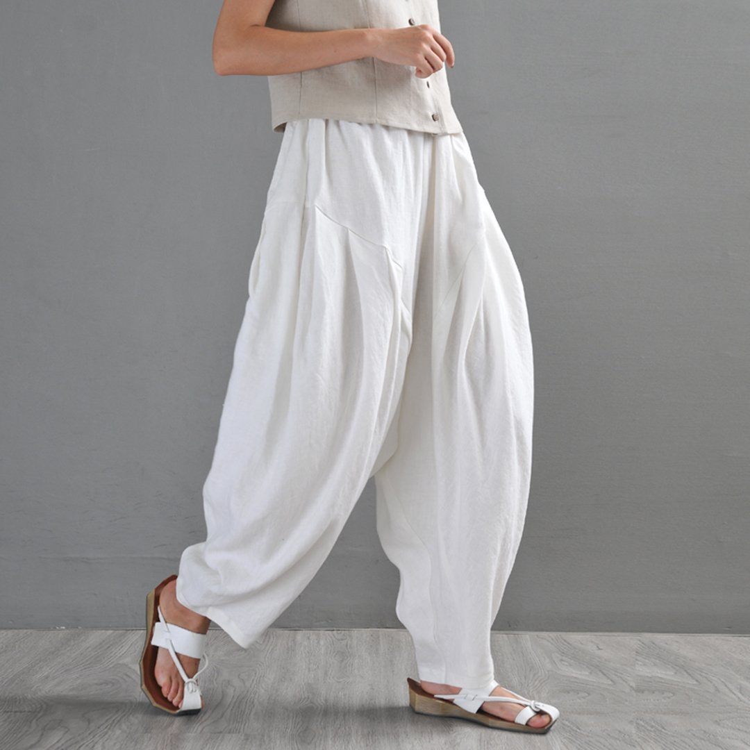 White Ruched Casual Linen Lartern Pants For Women – Babakud