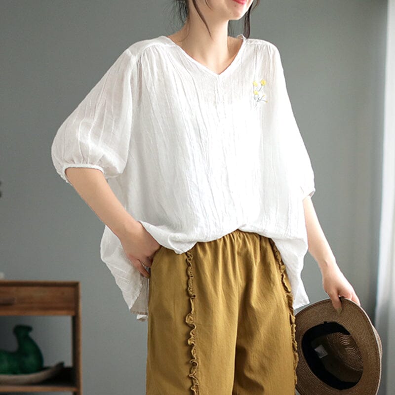 Women Retro Pleated Summer Half Sleeve Linen T-Shirt – Babakud