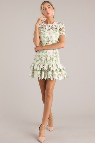 Light green floral embroidered mini dress.