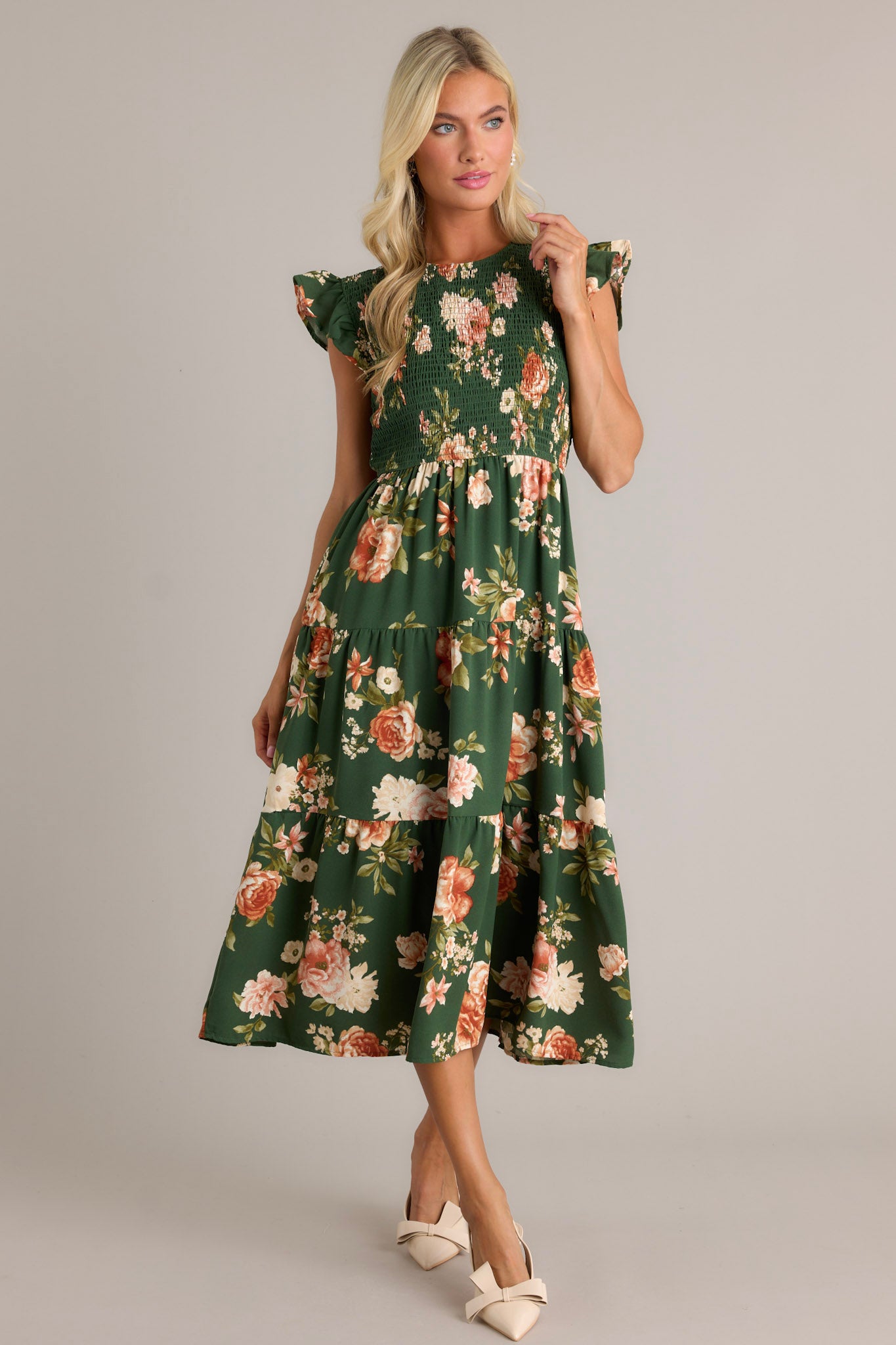 Desert Dawn Green Floral Midi Dress