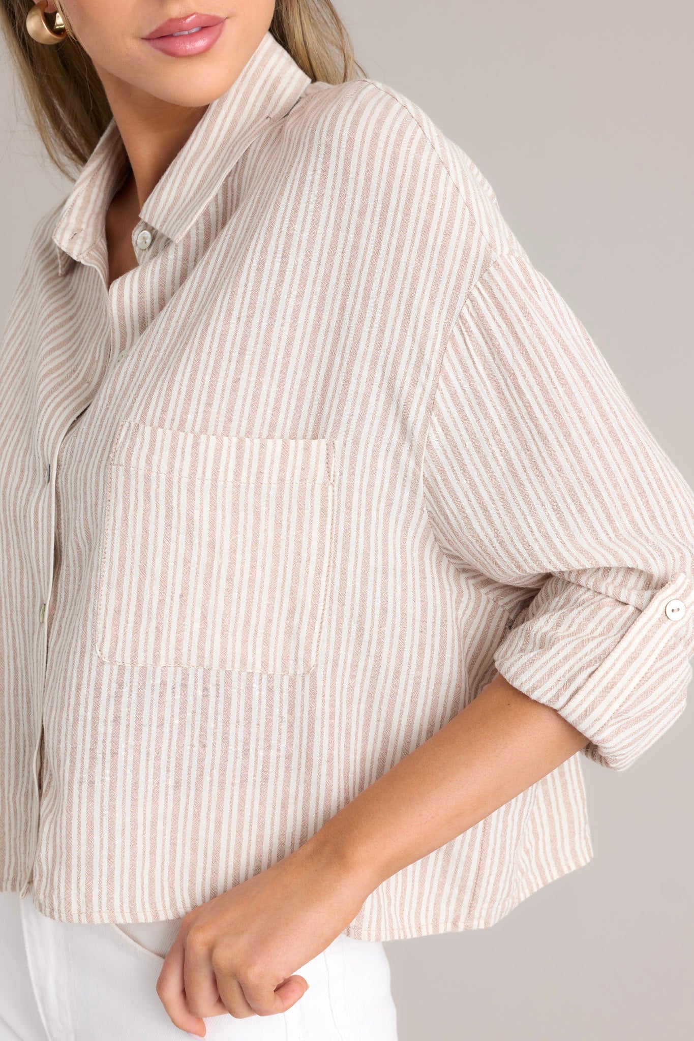 Beyond Boundaries Tan Stripe Button Front Top