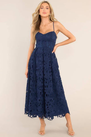 Lace navy blue midi dress with spaghetti straps.