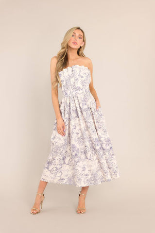 Blue toile, strapless midi dress with functional pockets,