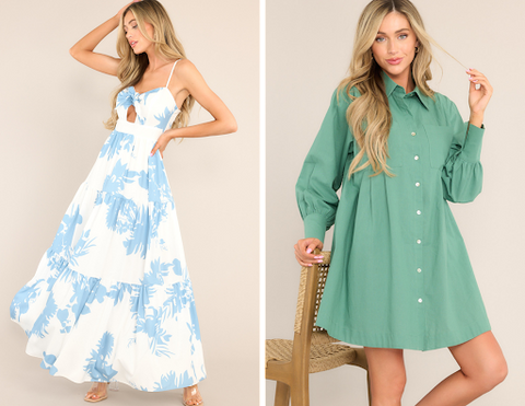 White and blue maxi dress and long sleeve green mini dress.