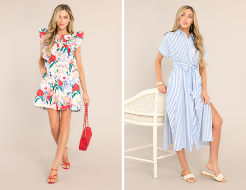 Eternal spring floral mini dress and a white and blue striped midi dress.
