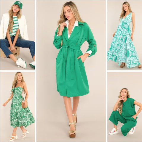 shades of green outfits- green trench coat, green matching set, floral green dresses, and striped green shirt.