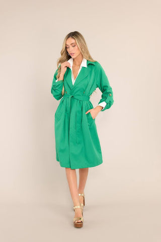 Green trench coat with notched lapels