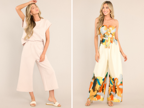 Neutral two piece set and strapless, multi print jumpsuit.