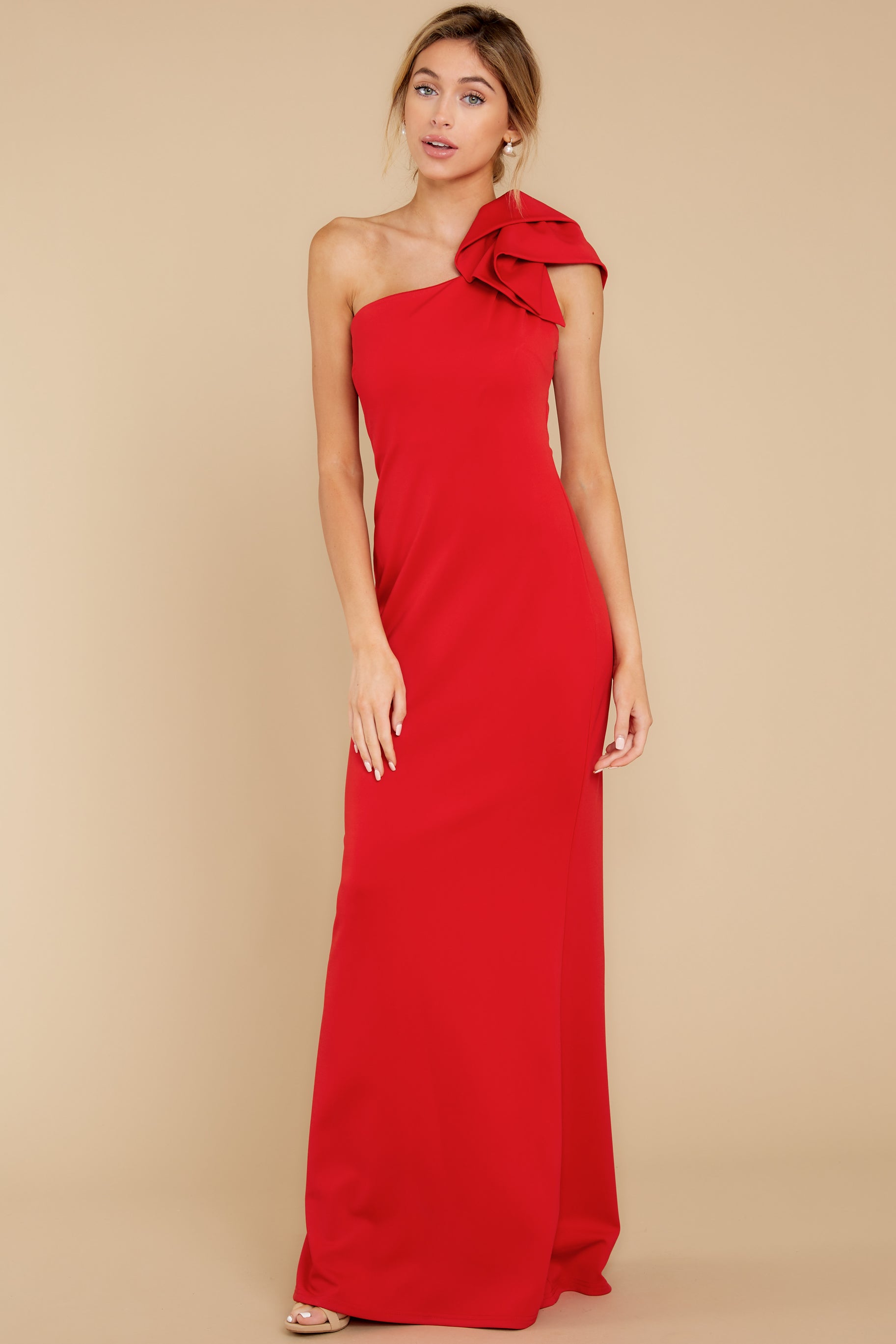 red off shoulder maxi dress