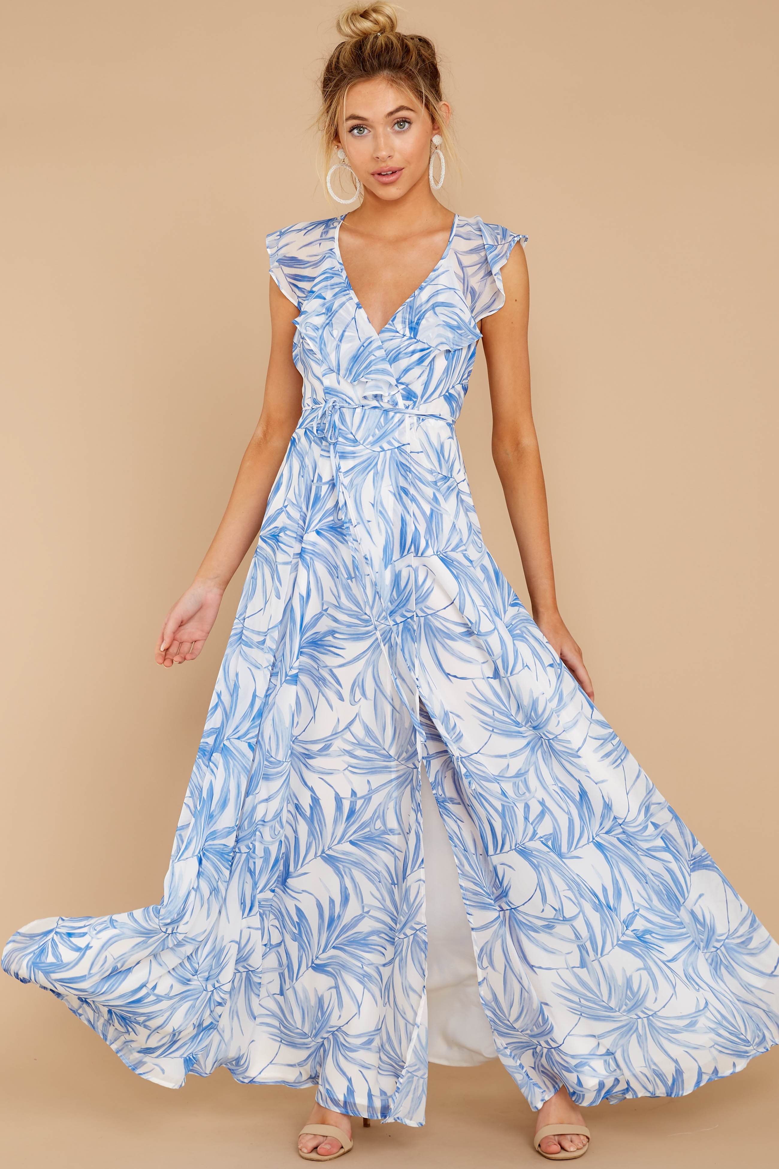 Lovely Blue Palm Print Maxi Dress - Ruffled Wrap Maxi - Dress - $76.00 ...