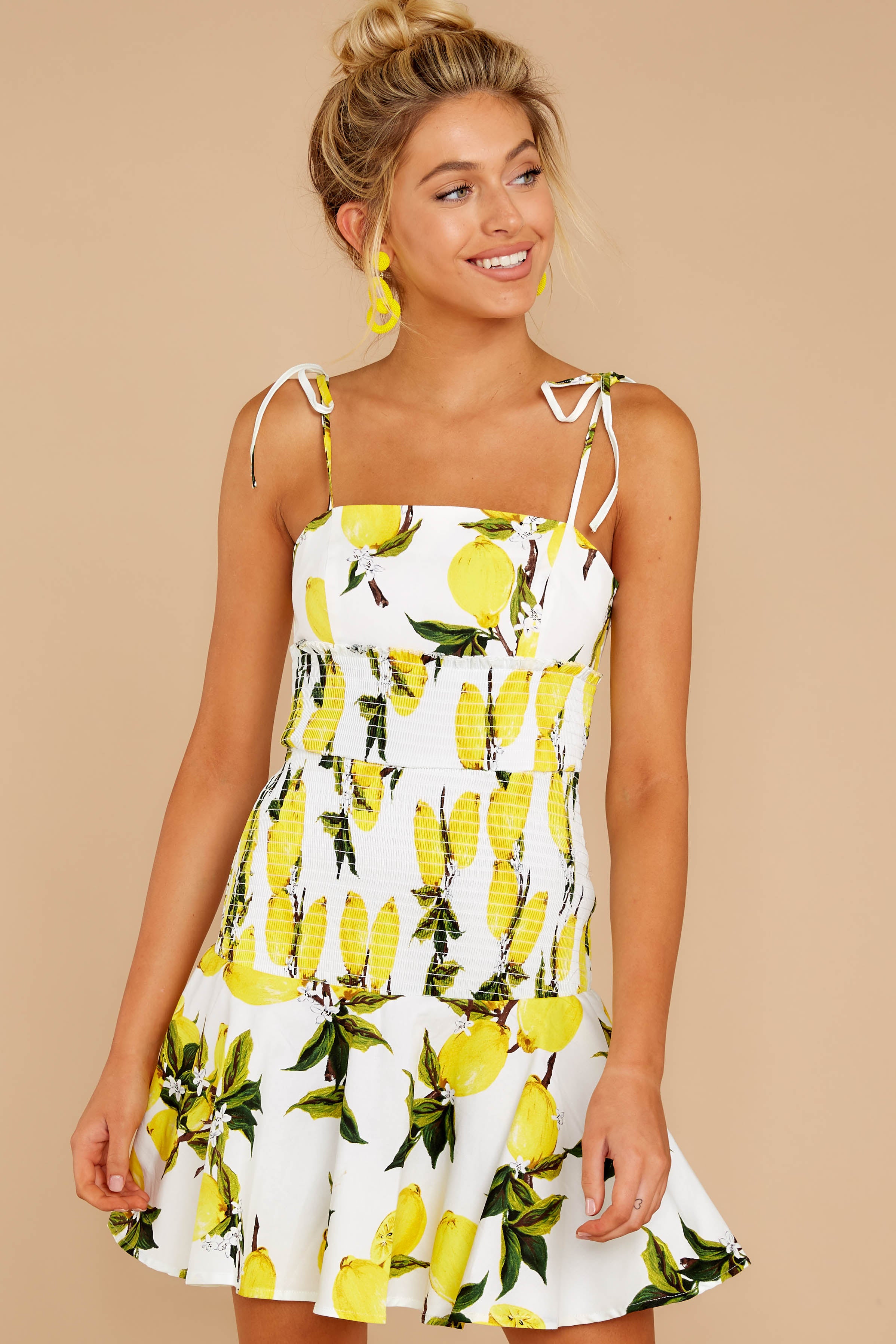 Cute Lemon Print Sun Dress - Sleeveless Smocked Dress - Dress - $66 ...