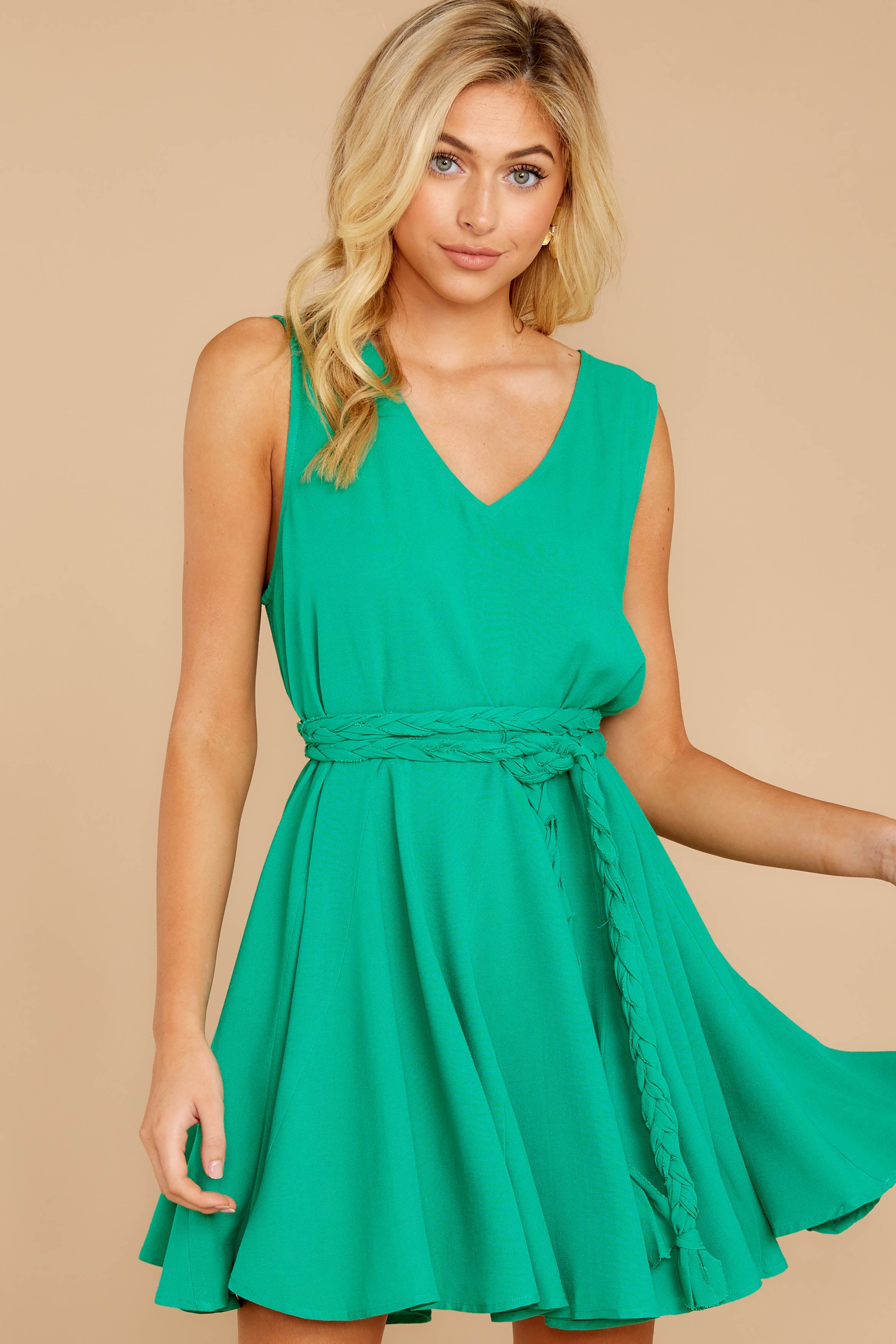 Lovely Green Sleeveless Dress - Short Belted Shift Dress - Dress - $54 ...