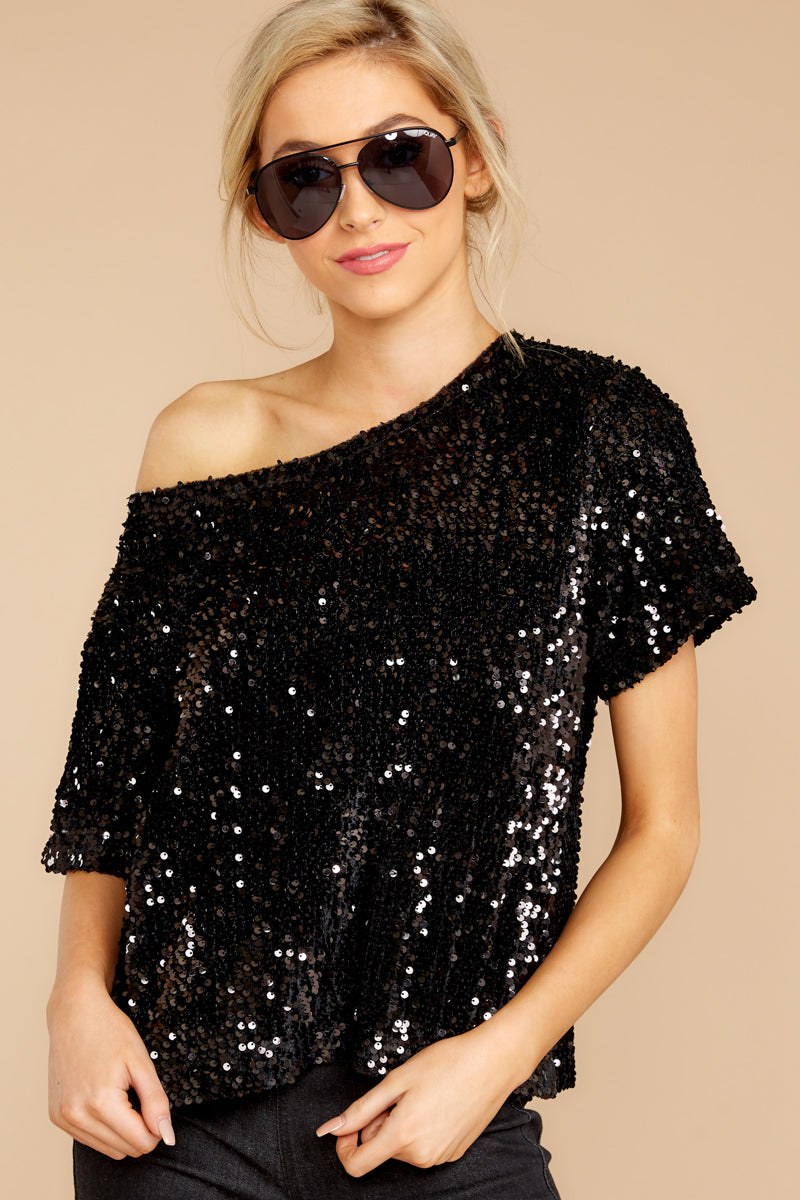 Flirty Black Sequin Top - Sparkly Black Short Sleeve Shirt - Top - $44 ...