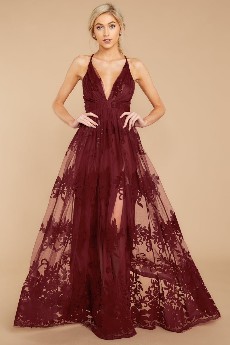 burgundy maxi evening dress