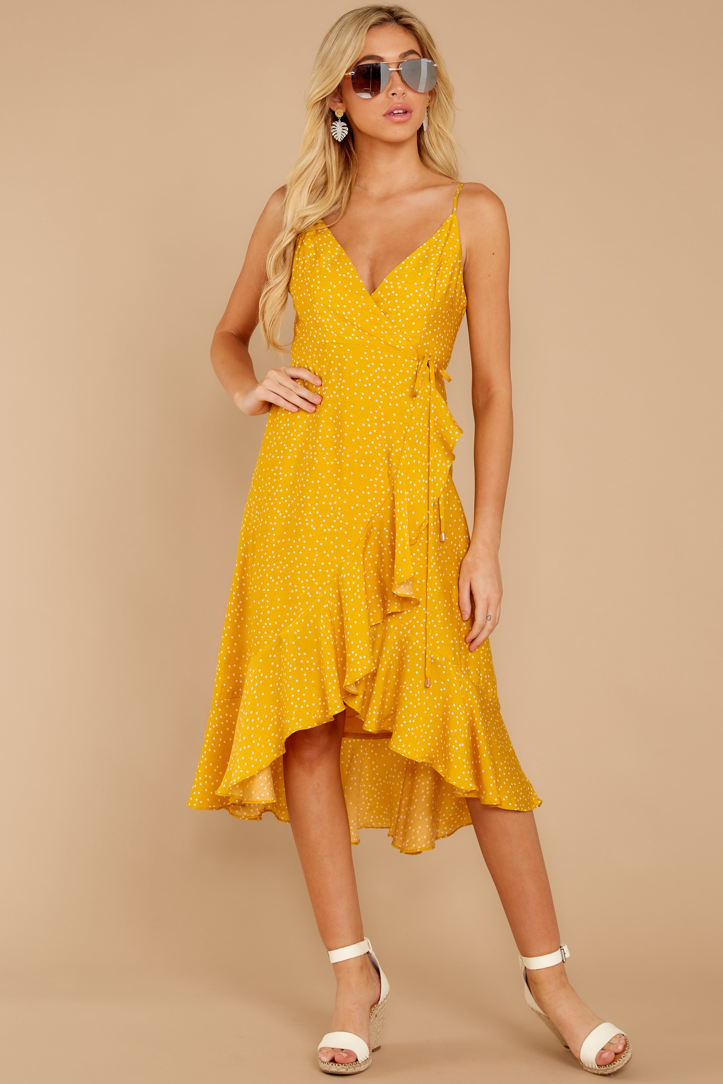 Elegant Yellow Polka Dot Dress - Wrap Midi Dress - Dress - $54.00 – Red ...