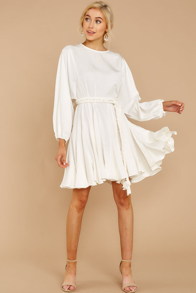 Gorgeous White Belted Dress - Flouncy Long Sleeve Dress - Dress - $64 ...