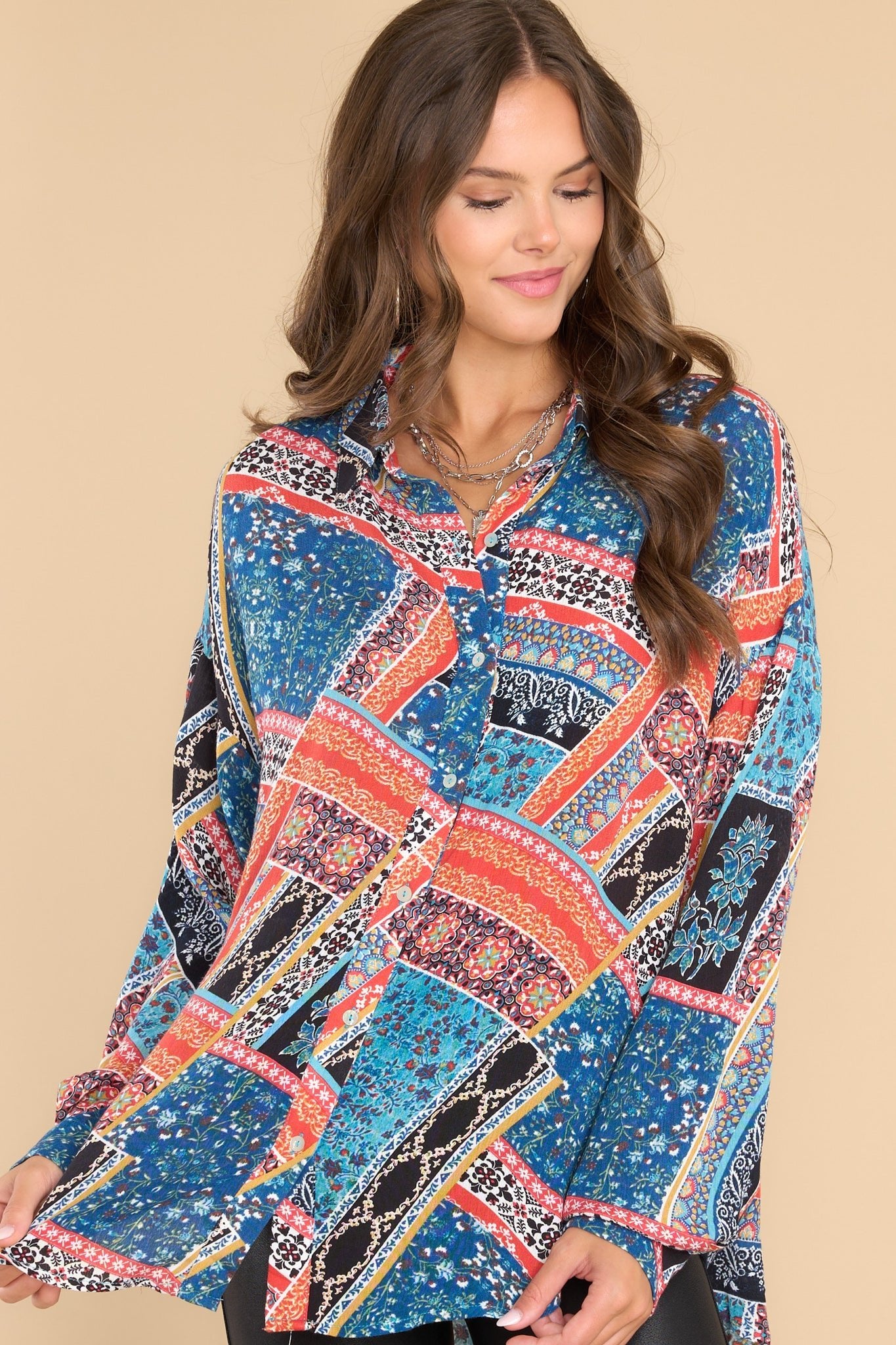 Brave New World Blue Patchwork Print Top