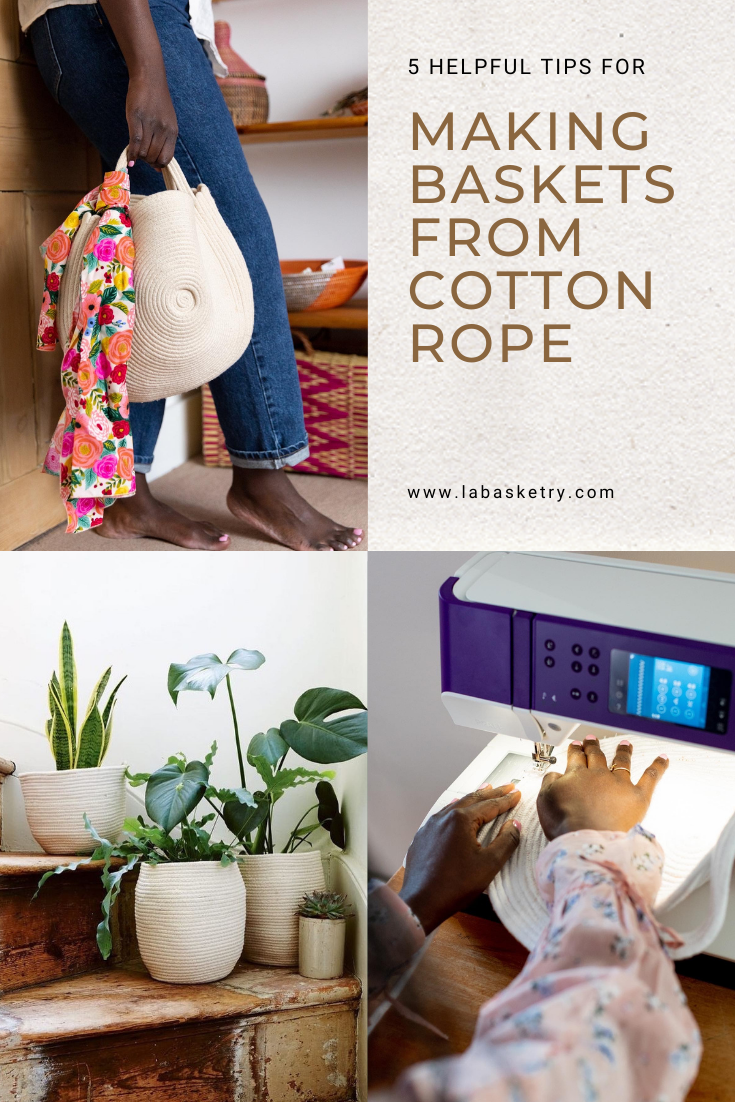 collage of cotton rope baskets and basket bags including a Pfaff sewing machine