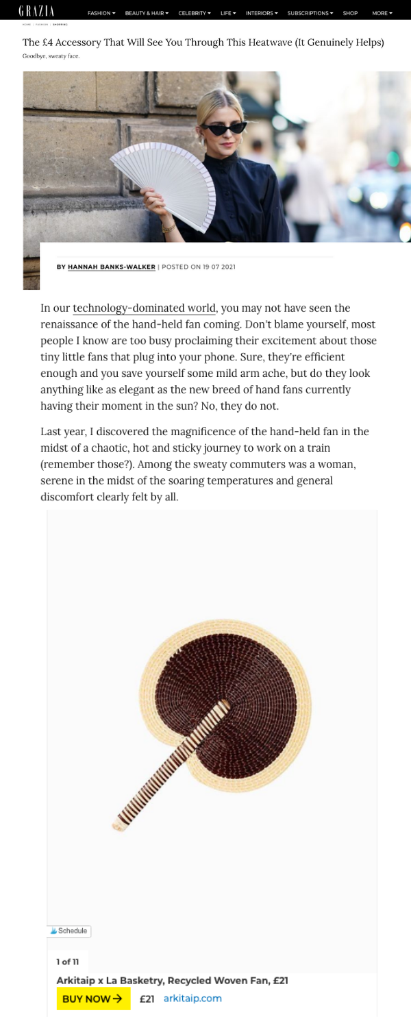 Grazia features La Basketry's handwoven fan in cream and brown in collaboration with Arkitaip