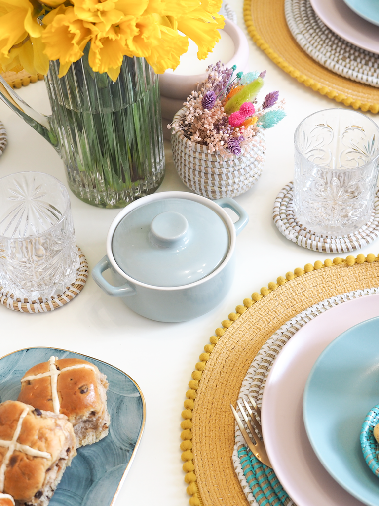 colourful table setting for easter with La Basketry products